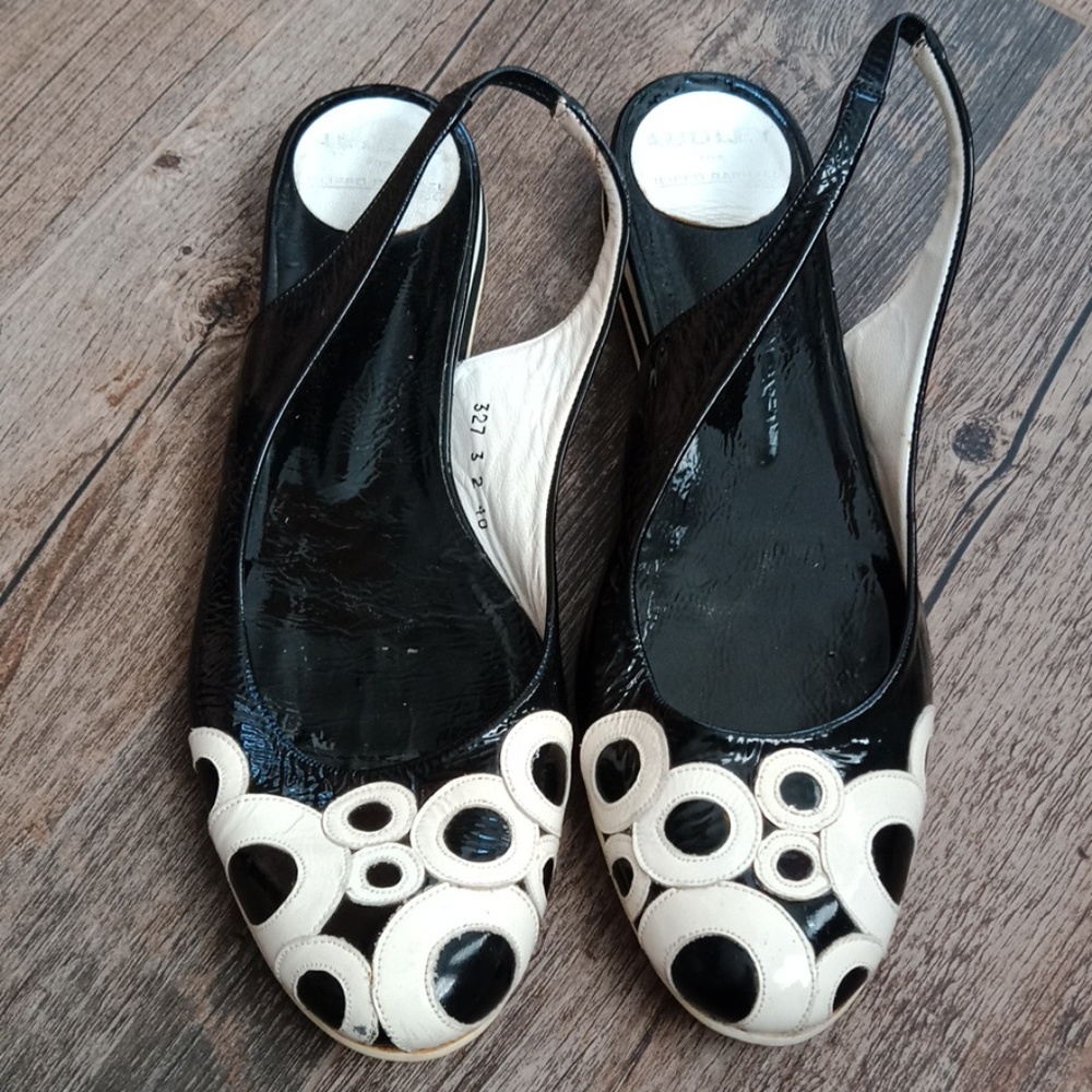 Black and Cream Slingback Flats with Circular Cutout Detail